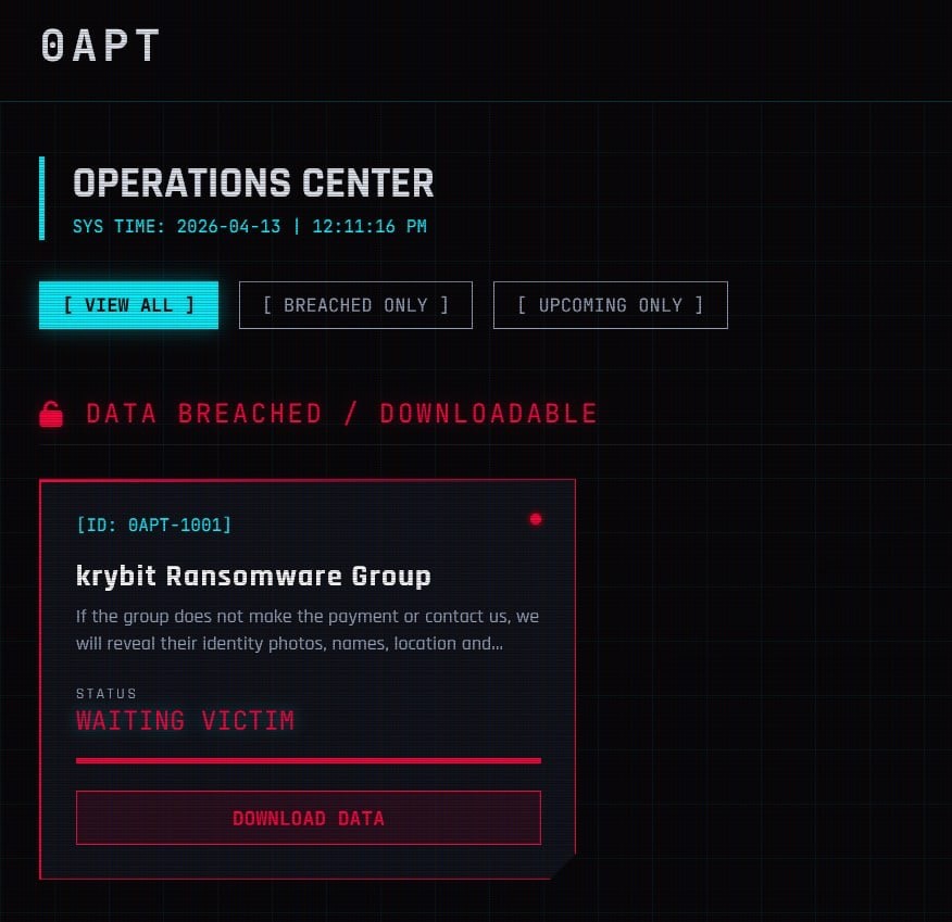 0APT Operations Center leak site listing Krybit Ransomware Group as target 0APT-1001 with status WAITING VICTIM