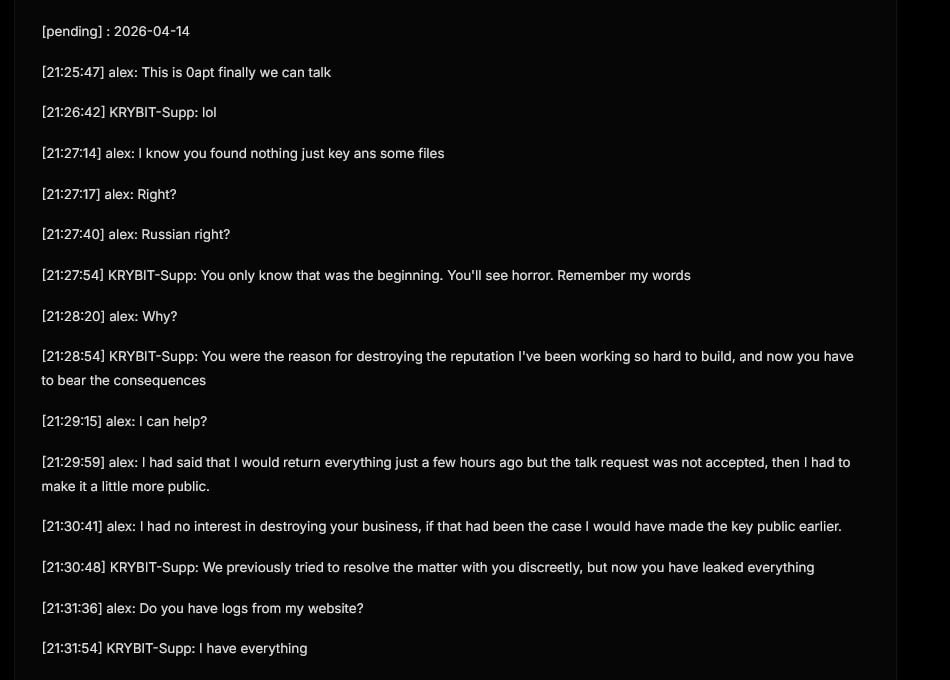Chat transcript dated 2026-04-14 between alex (0APT) and KRYBIT-Supp