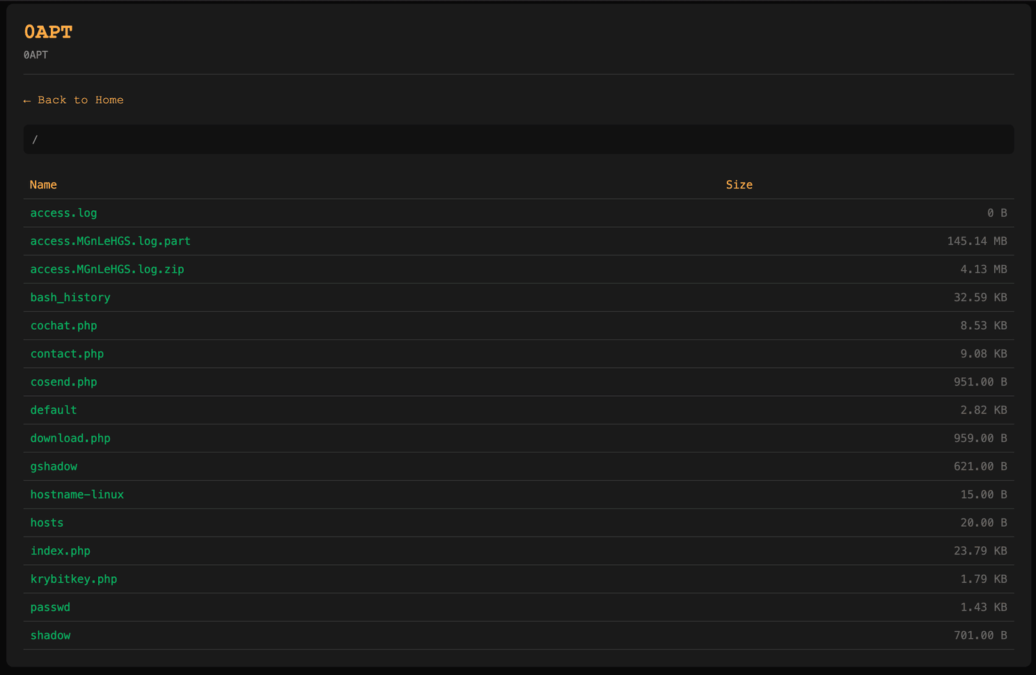 Krybit leak showing 0APT file listing: access.log, bash_history, cochat.php, contact.php, cosend.php, default, download.php, gshadow, hostname-linux, hosts, index.php, krybitkey.php, passwd, shadow