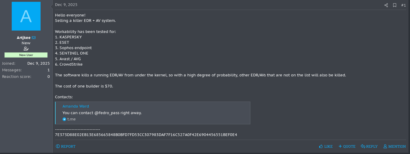Forum screenshot showing the Artjkee EDR + AV Killer Builder listing