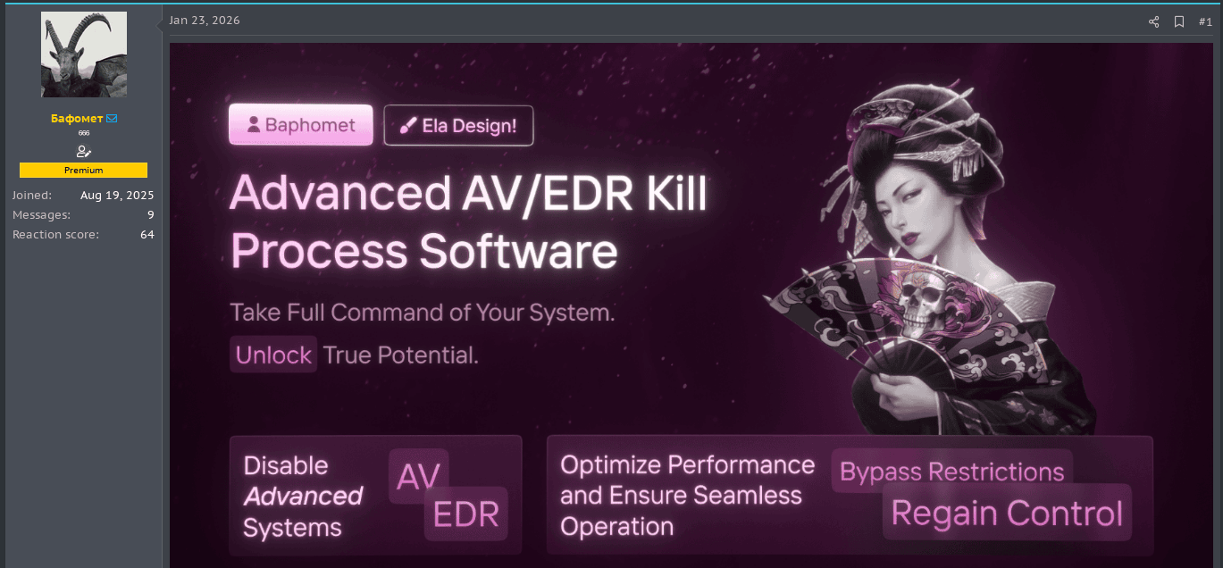 Forum screenshot showing the Baphomet Advanced AV/EDR Kill Process Software listing