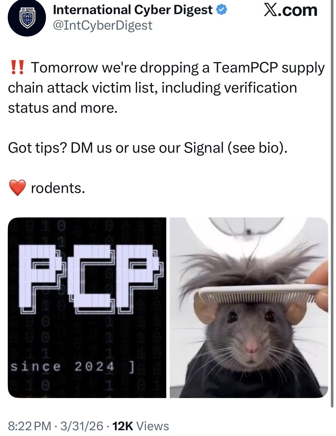 TeamPCP branding on X showing 'PCP since 2024' alongside their rat mascot, posted by @IntCyberDigest announcing a forthcoming victim list