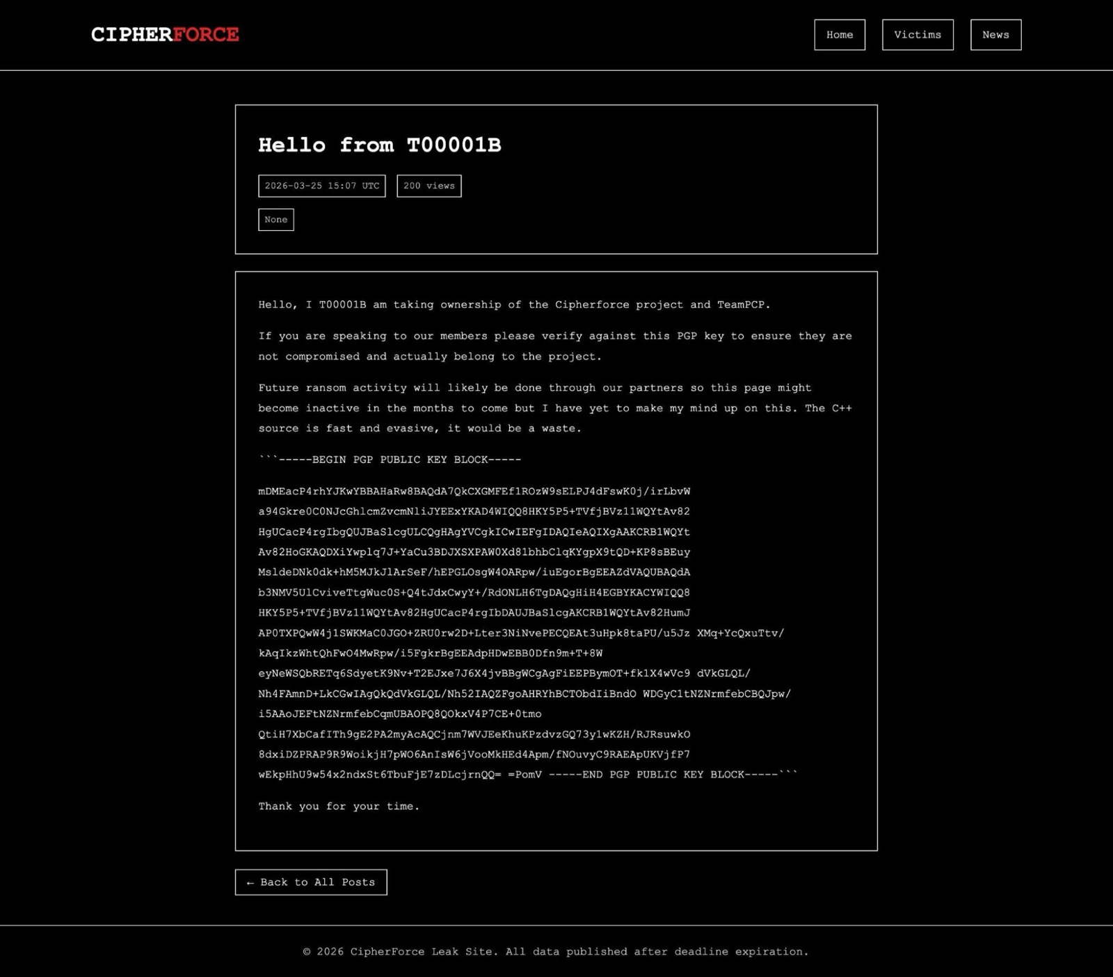 CipherForce leak site post from T00001B announcing ownership of CipherForce and TeamPCP, publishing a PGP public key for verification