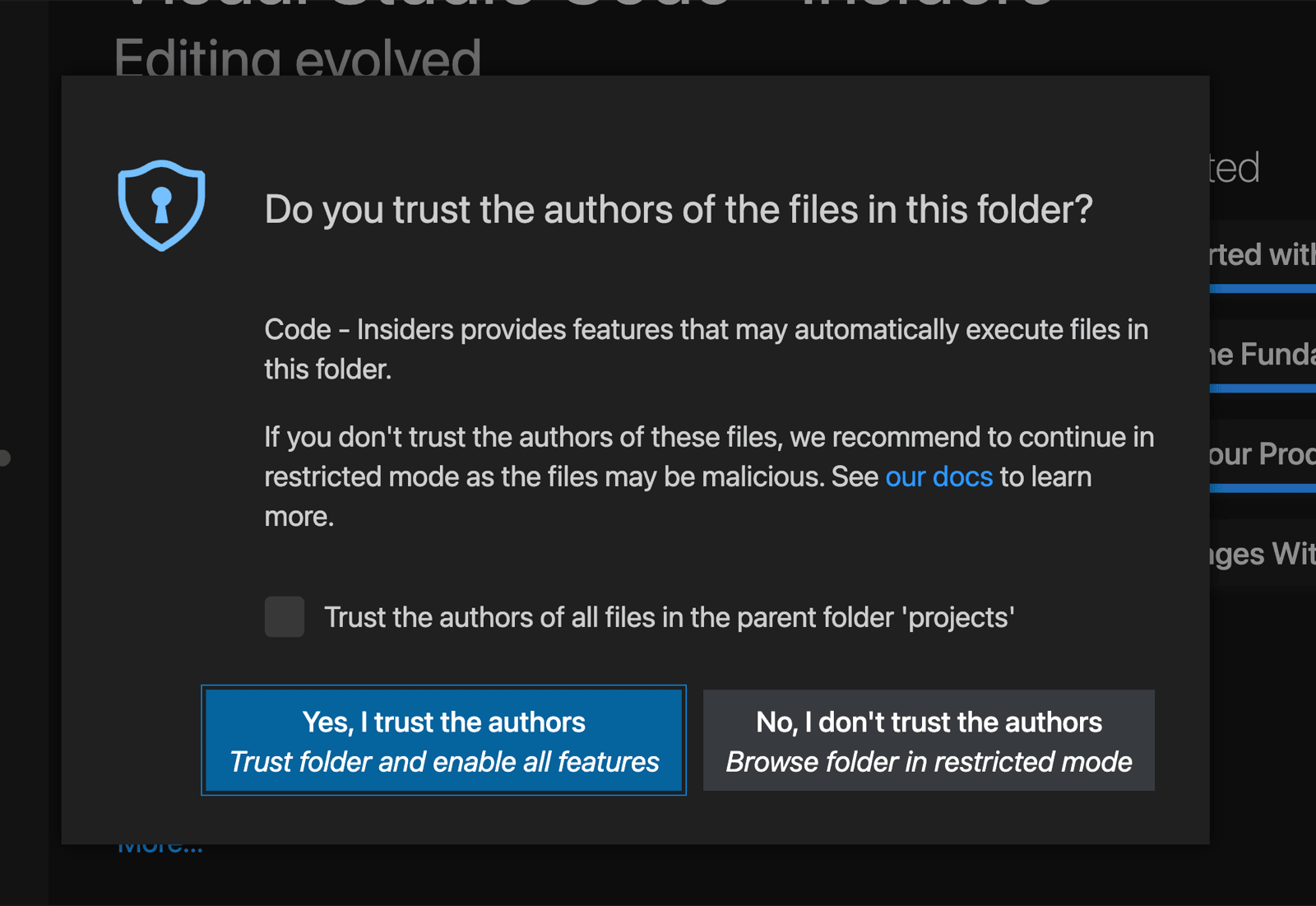 VS Code 'Trust the authors' prompt shown when opening the malicious repository