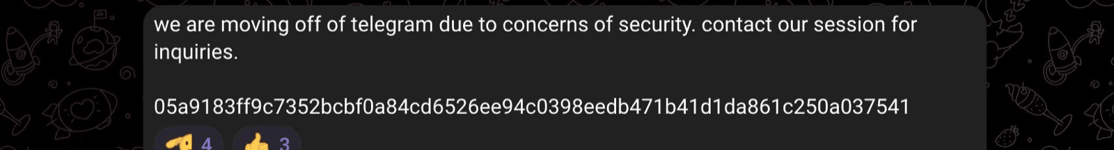 TeamPCP Telegram post announcing move off Telegram to Session due to security concerns, providing a Session ID