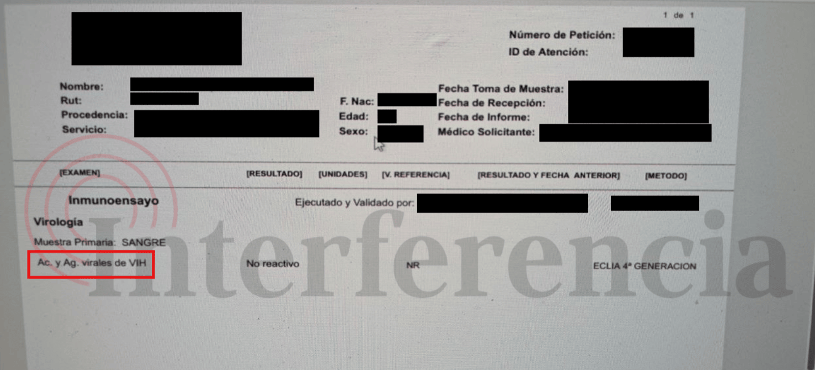 Figure 2 - File released by Devman showing HIV blood test results for a patient (note that in Spanish, HIV is translated to VIH).